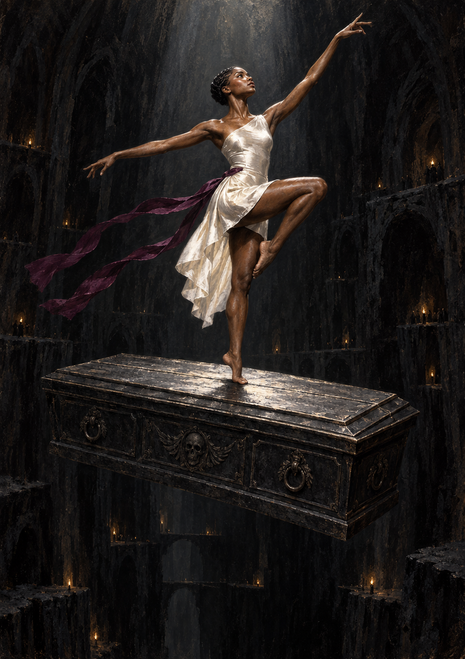 Woman in an ivory flowing dress dancing atop a dark ornate coffin-like sarcophagus in a shadowy cavern.