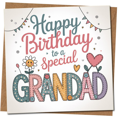 Grandad Birthday Card - Happy Birthday to a Special Grandad - Cute Hearts & Doodles Design - Square 145mm x 145mm -, Includes Kraft Envelope