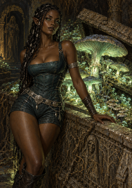 Dark-skinned fantasy woman with pointed ears and braided hair in a shadowy stone ruin with glowing mushrooms.