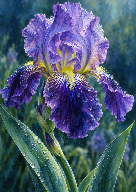 Close view of a rain-beaded violet and indigo bearded iris with a bright yellow-green beard and long green leaves.