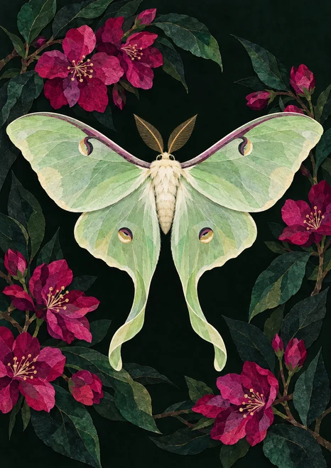 A pale mint and ivory luna moth with spread wings and trailing tails, surrounded by fuchsia flowers and dark leaves on a nearly black green ground.