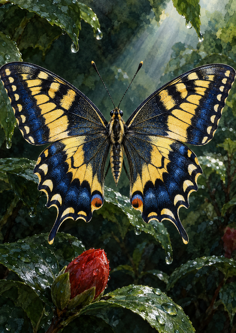 Cobalt, gold, and cream swallowtail butterfly with wings spread among wet dark-green leaves, with a red flower bud at lower left.