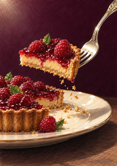 Fork lifting a raspberry-topped fruit tart slice above a plated tart, with crumbs falling against a deep plum background.