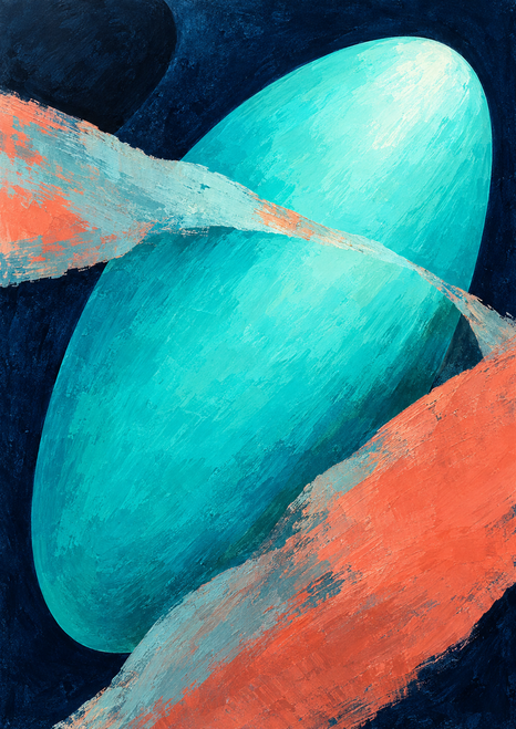 Large turquoise oval-like abstract form crossed by coral and pale-aqua bands on a textured dark navy background.