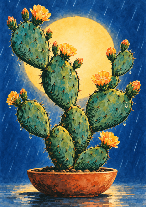 Branching prickly pear cactus with spines and golden-orange blossoms in a terracotta bowl, against a rain-streaked blue background and yellow disc.