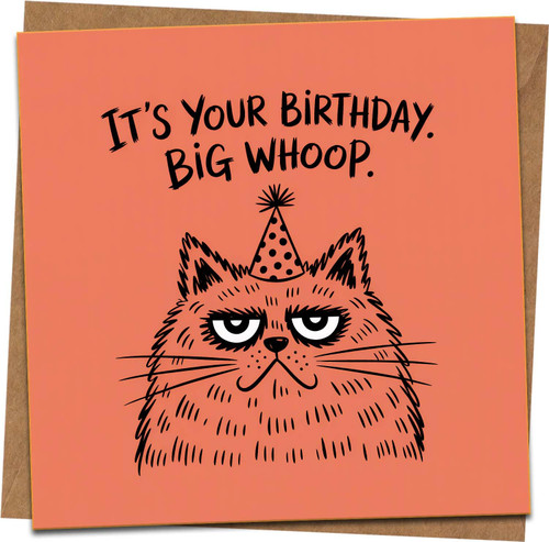 Funny Grumpy Cat Birthday Card – 'It's Your Birthday. Big Whoop.' – 145mm x 145mm Square – Humour Greeting Card with Kraft Envelope for Him Her Friend