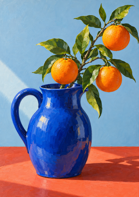 Cobalt-blue pitcher with a leafy branch bearing three oranges on a coral tabletop against a pale-blue wall.