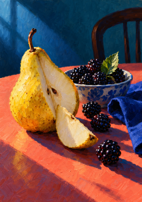 Lengthwise-cut yellow pear with a separate wedge, bowl and scattered blackberries, leafy sprig, and folded blue cloth on a coral table.