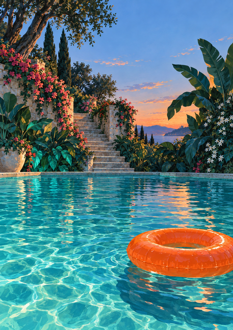 An orange inflatable ring floats in a turquoise pool beneath stone steps, leafy plants, flowering vines, and a blue evening sky.