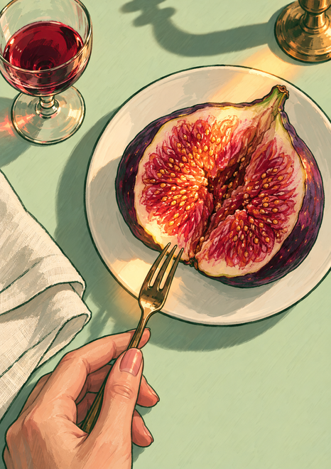 A ripe split fig with a magenta seed-filled center sits on a white plate as a hand holds a fork near it, beside a glass of red drink.