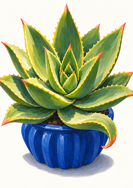 A large green, serrated-leaf aloe-like rosette with coral tips in a fluted cobalt-blue pot on a warm-white background.