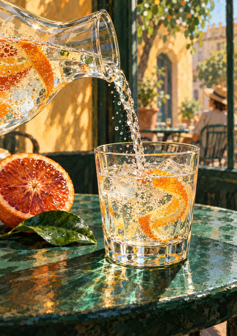 Clear carafe pours sparkling citrus water into an ice-filled tumbler beside a halved blood orange and green leaf on a dark green table.