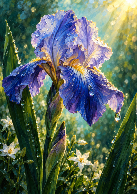 Large blue-violet iris covered in raindrops, framed by tall green leaves and small white flowers against a glowing turquoise and gold background.