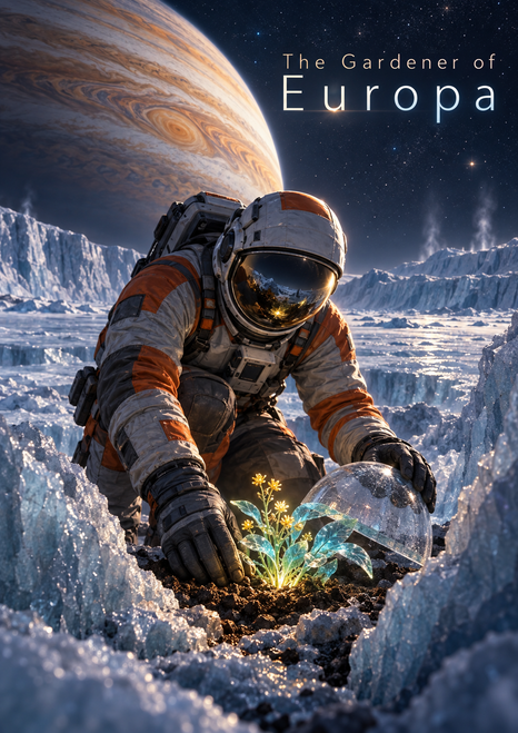 Suited adult explorer kneeling beside a glowing blue-green seedling and transparent dome among ice ridges, beneath a large banded planet; title lettering reads The Gardener of Europa.