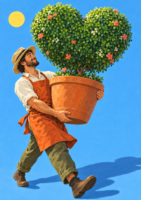 Smiling bearded gardener in a straw hat carrying a terracotta pot with a flowering heart-shaped topiary against a blue background.