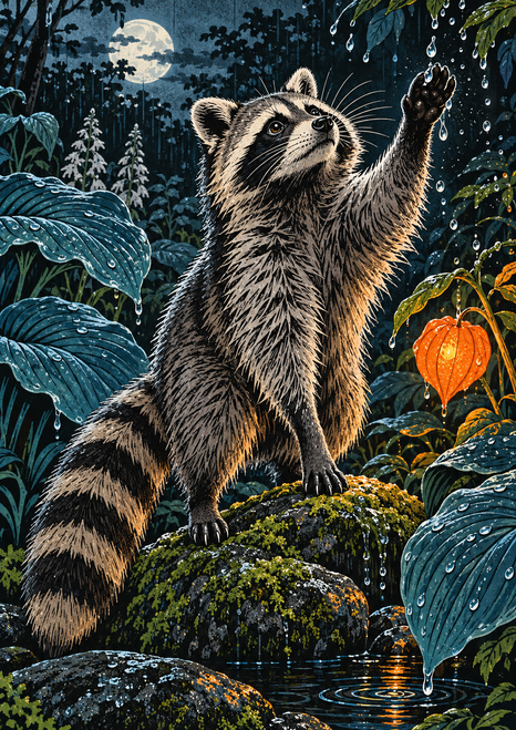 Raccoon rearing on a mossy rock with a raised forepaw among rain-wet leaves, droplets, a moon, and an orange lantern-shaped flower.