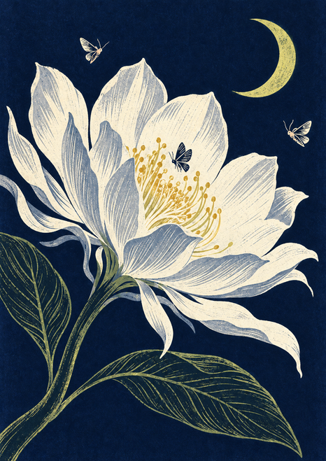 Large white night-blooming flower with gold stamens, three small moths, dark sweeping leaves and a yellow crescent moon against midnight blue.