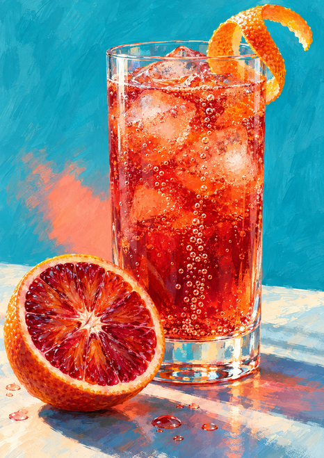 Tall clear glass of red-orange sparkling drink with ice and bubbles, curled orange peel, and a cut blood-orange half on a pale tabletop.