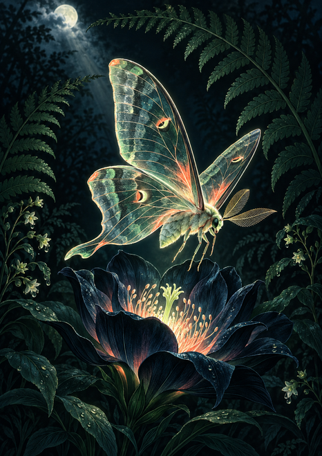 Glowing translucent moth hovering above a dark flower with luminous stamens, framed by ferns beneath a moonlit sky.