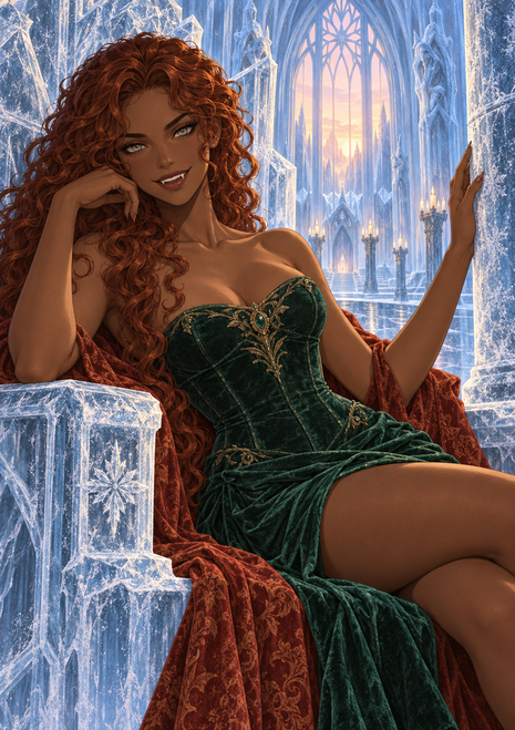 Red-haired woman in a green and gold gown reclining among ice formations inside a cathedral.
