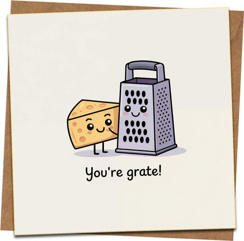 Funny Pun Greeting Card – “You’re Grate!” Cheese and Grater Illustration, 145mm x 145mm, Blank Inside, with Kraft Envelope, for Birthday, Anniversary, Thank You, Valentine’s Day, Friendship