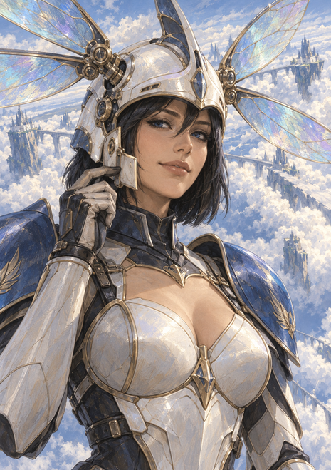 Dark-haired armored woman touching a large white helmet with translucent dragonfly-like wings against a bright cloud-filled cityscape.