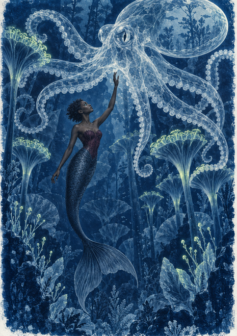 Small mermaid reaching toward a giant translucent octopus with looping suction-cup tentacles among pale underwater plants.