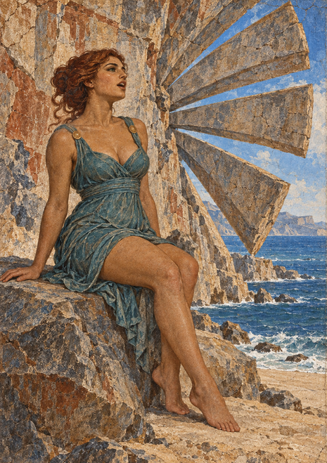 Red-haired woman in a blue-green dress sitting barefoot on a rocky coast beside a large fan-shaped stone structure, with sea and distant cliffs.