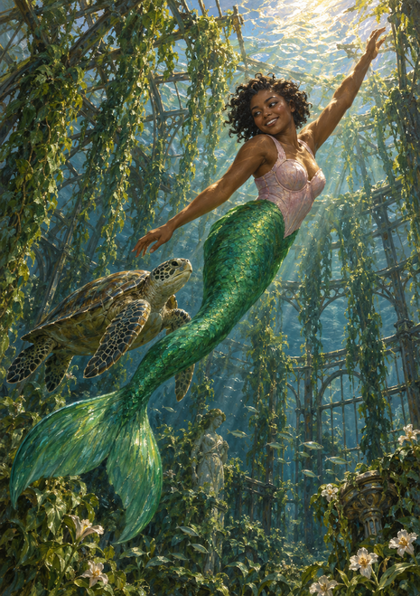 Smiling green-tailed mermaid swimming diagonally through a glass-roofed conservatory with a sea turtle and hanging plants.