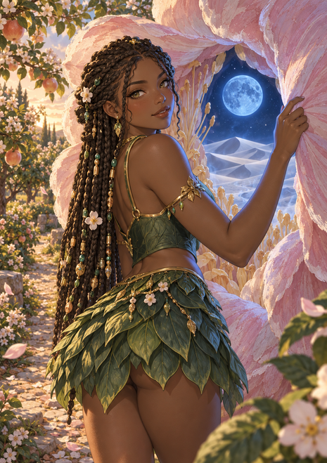 Braided woman in a leaf-like outfit opening giant pink petals to a moonlit desert portal in an orchard.