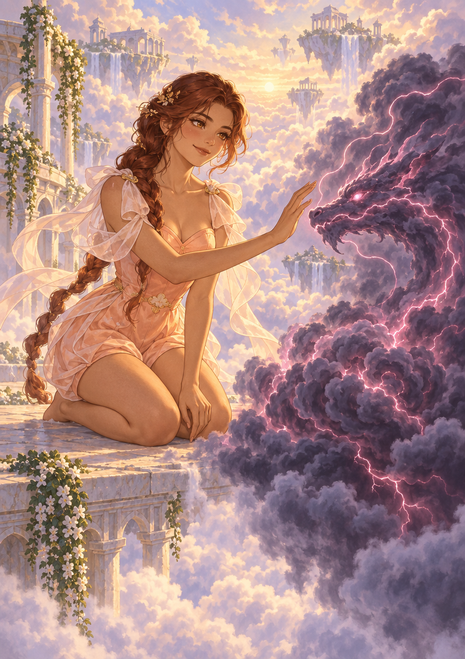 Woman in pale pink layers kneeling on a flower-covered ledge and reaching toward a pink lightning-filled cloud.