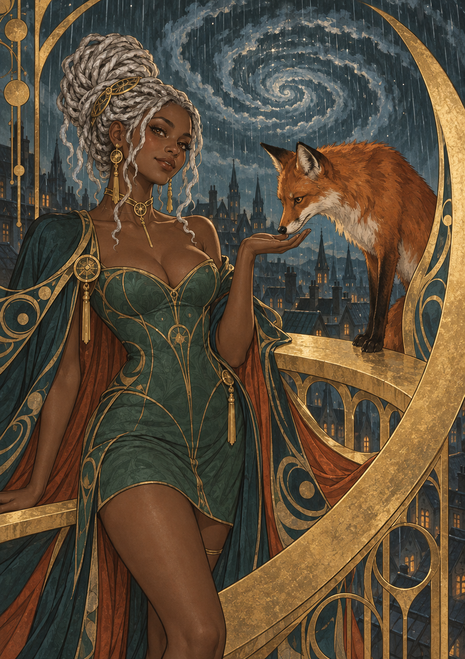 Woman in an ornate green gown meets a red fox within a curling gold frame, with a rainy city and spiral sky behind them.