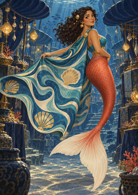 Mermaid with an orange scaled tail and patterned blue mantle in a lantern-lit underwater bazaar.