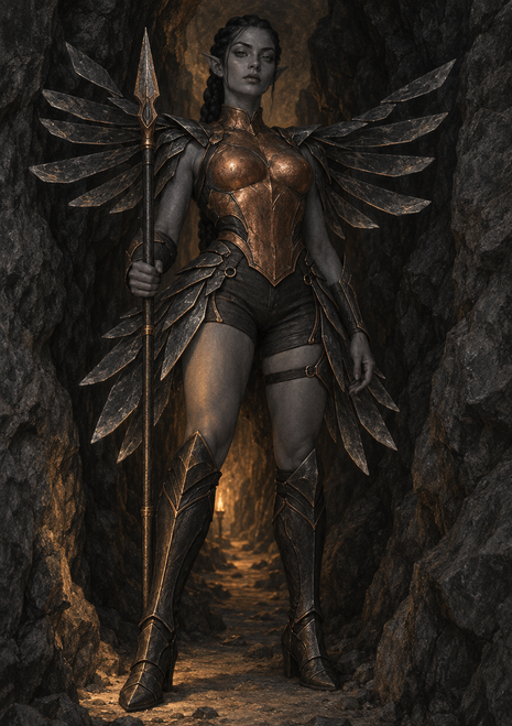 Pointed-ear woman in bronze and black angular armor holding a spear in a dark rocky passage.