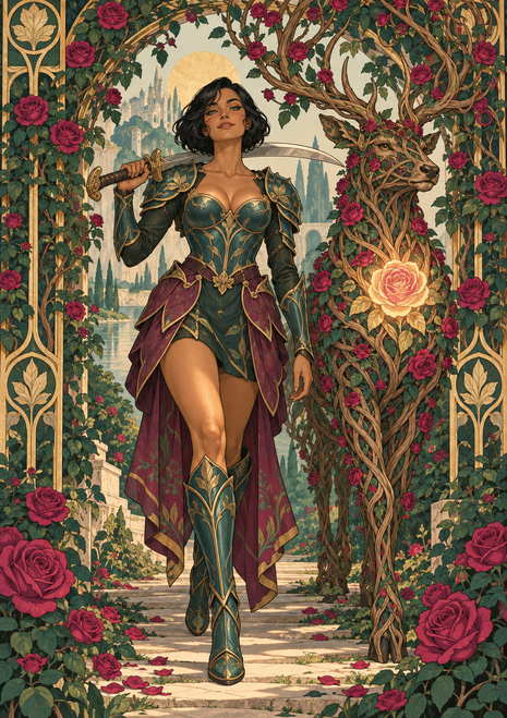 Armored woman with a sword stands beside a branch-and-vine stag within an ornate border of foliage and red roses.