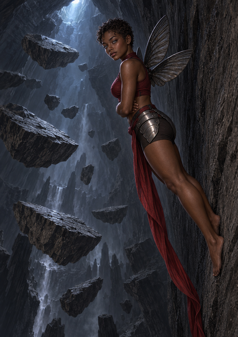 Winged woman in red bracing sideways against a sheer rock wall with floating boulders in a misty chasm.
