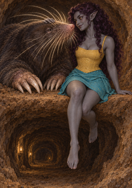 A pointed-ear woman in a yellow top and teal skirt sits beside a giant whiskered mole in a softly lit underground tunnel.