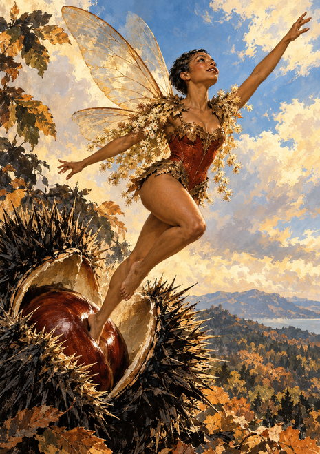 Winged woman in a leaf-and-flower costume leaping from an open chestnut burr with autumn trees and mountains behind.