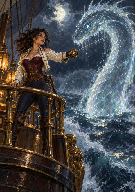 Curly-haired woman on an ornate ship points a rapier toward a translucent sea serpent beneath a full moon.