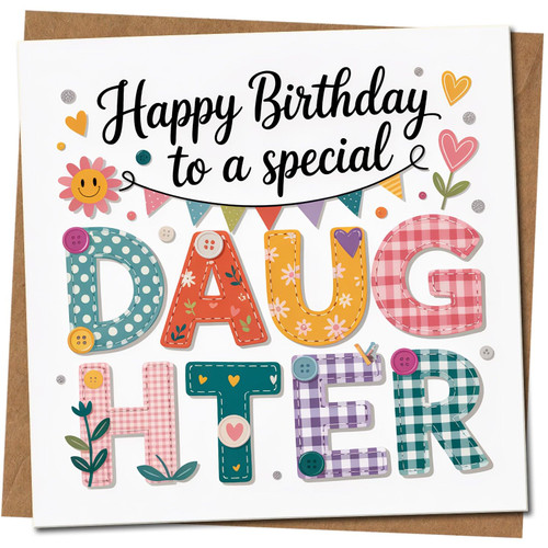 Daughter Birthday Card - Happy Birthday to a Special Daughter, Colourful Patchwork Letters and Bunting, 145mm x 145mm Square Card, Includes Kraft Envelope