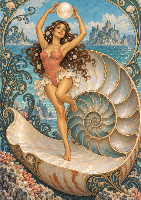 Siren-like woman raises a glowing pearl above a giant nautilus shell beside the sea.