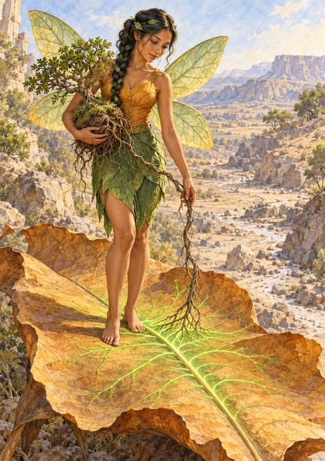Winged woman in a leaf skirt holds a small uprooted tree above a giant leaf in a rocky valley.