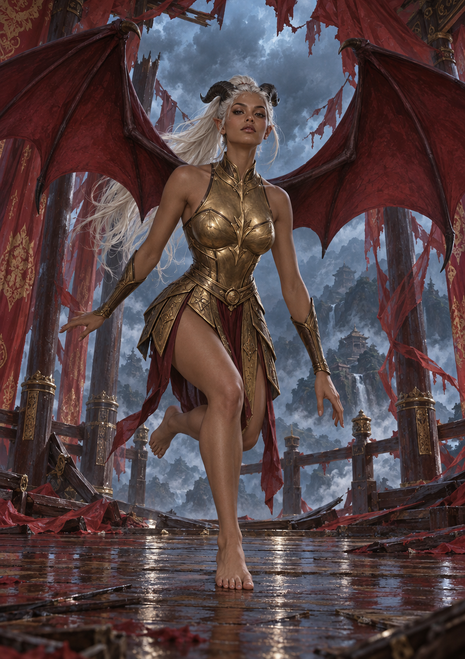 Horned pale-haired woman with large red bat-like wings walks through a ruined pavilion in bronze-gold armor.