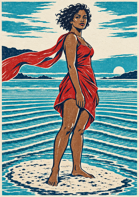Dark-skinned woman in a red dress and trailing scarf stands barefoot in striped tidal water beneath a low sun.