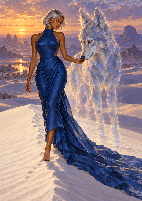 Silver-haired woman in a long blue gown touching a glowing, translucent wolf-shaped form on a dune beneath a low sun and violet-orange sky.