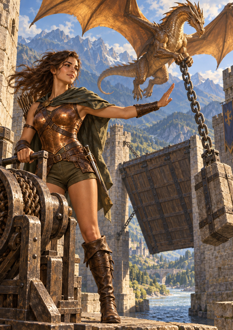 Ranger woman beside a drawbridge winch, gesturing toward a chained flying dragon above a raised gate, with castle towers, river, and mountains.