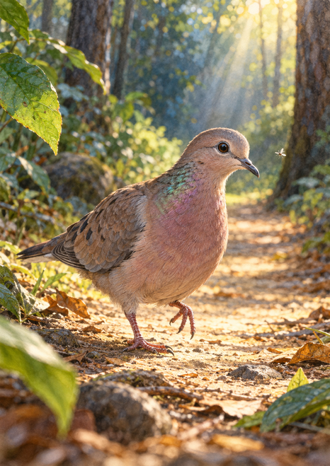 Brown-pink dove with one foot raised on a sunlit woodland path, facing a small flying insect amid green leaves and shaded trees.