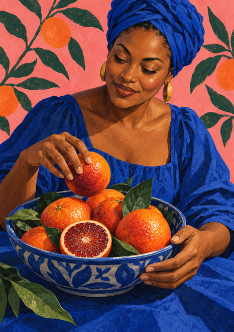 Adult woman in a cobalt headwrap lifting an orange from a blue patterned bowl of citrus against a pink background with green branches.
