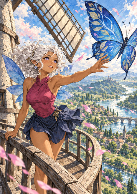 White-haired fairy reaching toward a large blue butterfly on a balcony above a valley town and windmill.