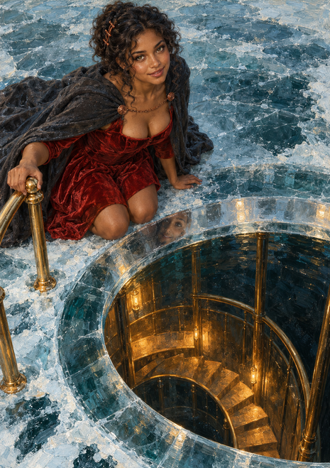 A woman in a red dress and dark cloak kneels beside a gold-lit spiral staircase descending through an opening in ice.